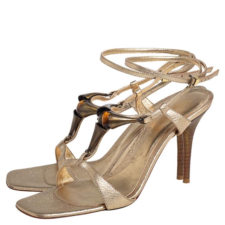 مملوكة مسبقًا Gianvito Rossi Gold Leather Embellished Ankle Strap Sandals Size 37
