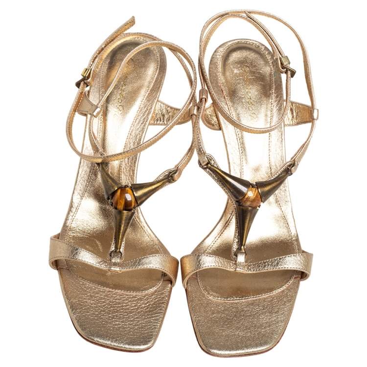 Pre Owned Gianvito Rossi Gold Leather Ankle Strap Sandals Size 39.5