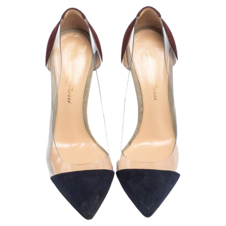 Pre Owned Gianvito Rossi Navy Blue/Maroon Suede and PVC Plexi Pointed Toe Pumps Size 35