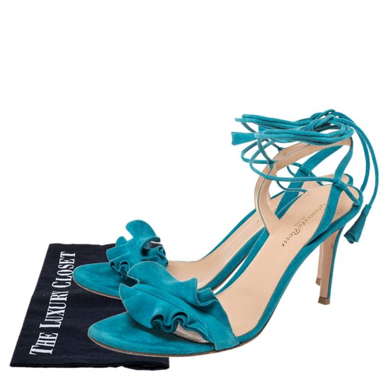 Pre Owned Gianvito Rossi Blue Suede Ruffled Ankle Wrap Sandals 40.5