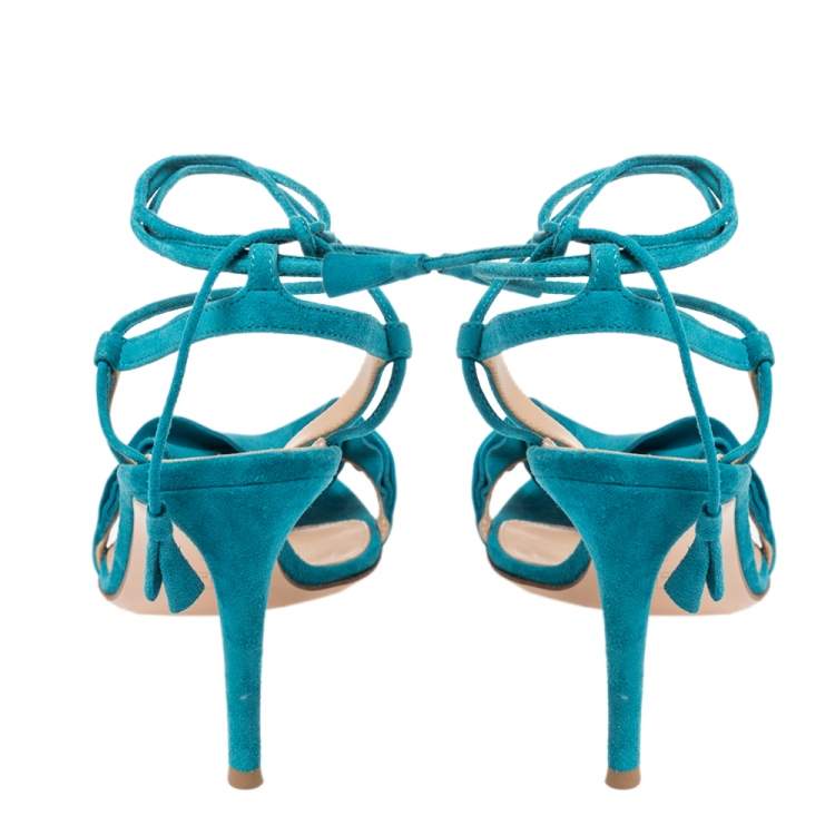 Pre Owned Gianvito Rossi Blue Suede Ruffled Ankle Wrap Sandals 40.5