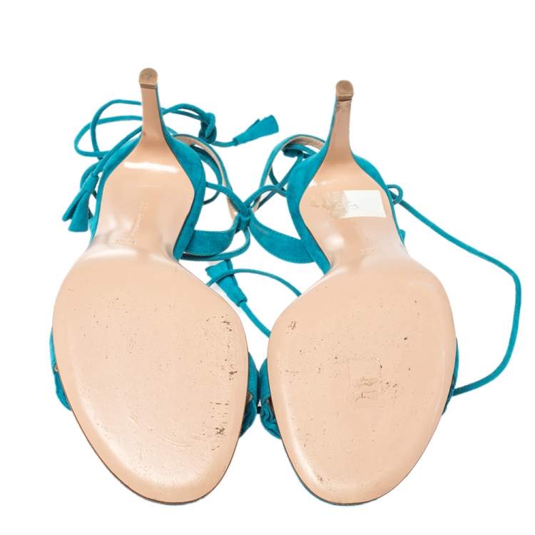 Pre Owned Gianvito Rossi Blue Suede Ruffled Ankle Wrap Sandals 40.5