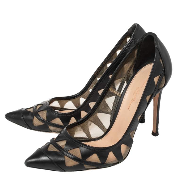 Pre Owned Gianvito Rossi Black Leather and Mesh Maxine Laser Cut Pumps Size 37.5