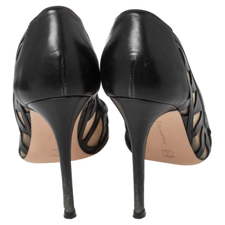 Pre Owned Gianvito Rossi Black Leather and Mesh Maxine Laser Cut Pumps Size 37.5