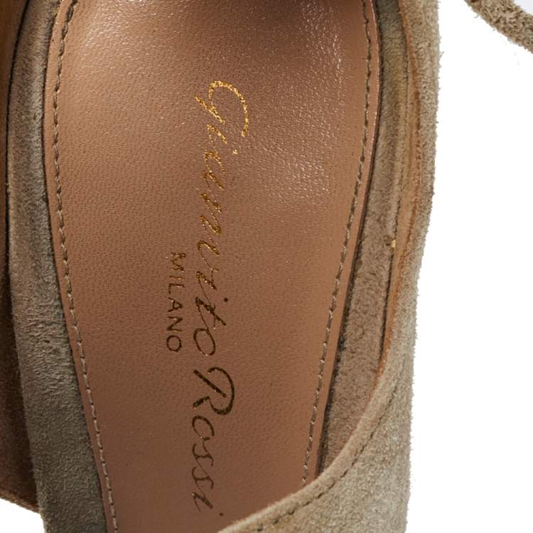 Pre Owned Gianvito Rossi Beige Suede Ankle Wrap Sandals Size 37.5