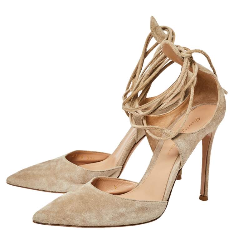 Pre Owned Gianvito Rossi Beige Suede Ankle Wrap Sandals Size 37.5