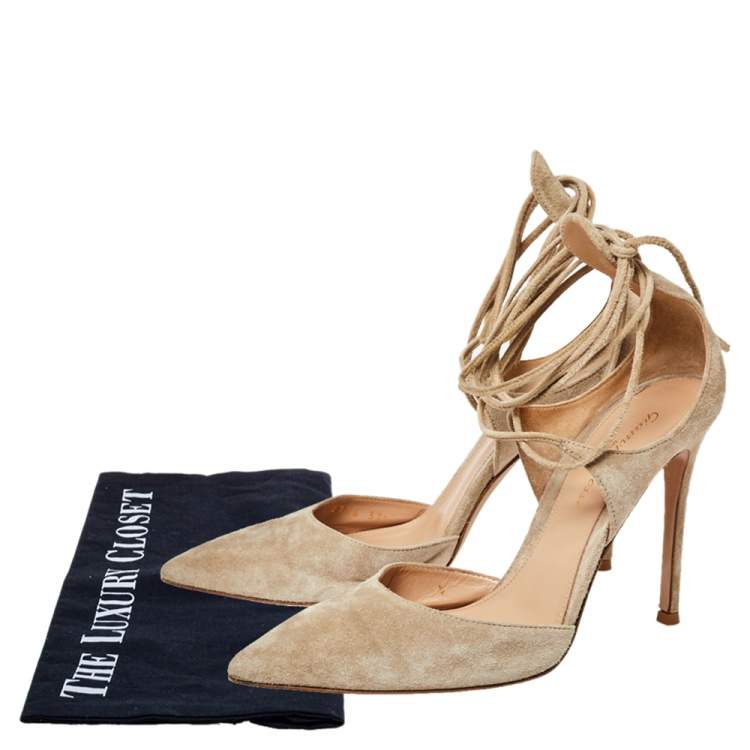 Pre Owned Gianvito Rossi Beige Suede Ankle Wrap Sandals Size 37.5