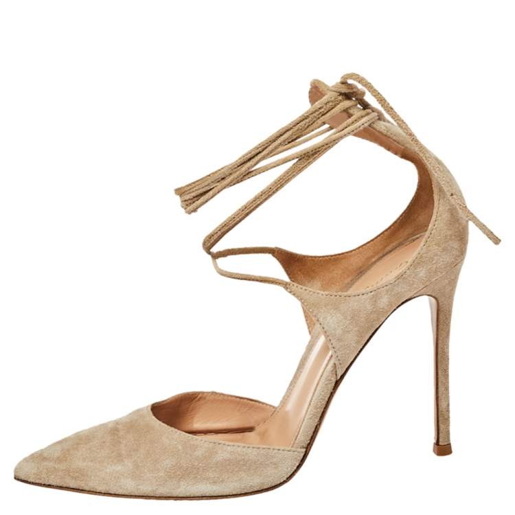 Pre Owned Gianvito Rossi Beige Suede Ankle Wrap Sandals Size 37.5