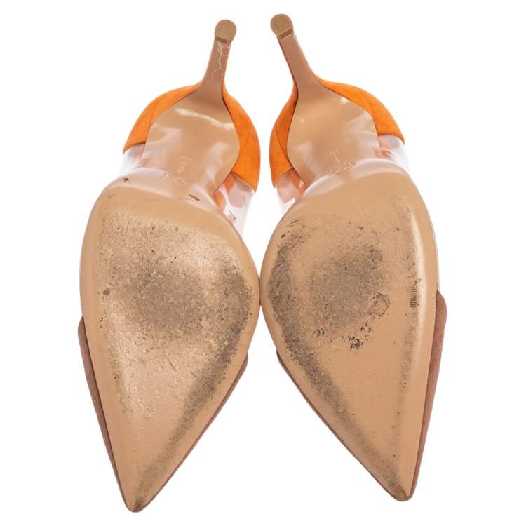 Pre Owned Gianvito Rossi Orange/Beige Suede And PVC Plexi Pumps Size 38