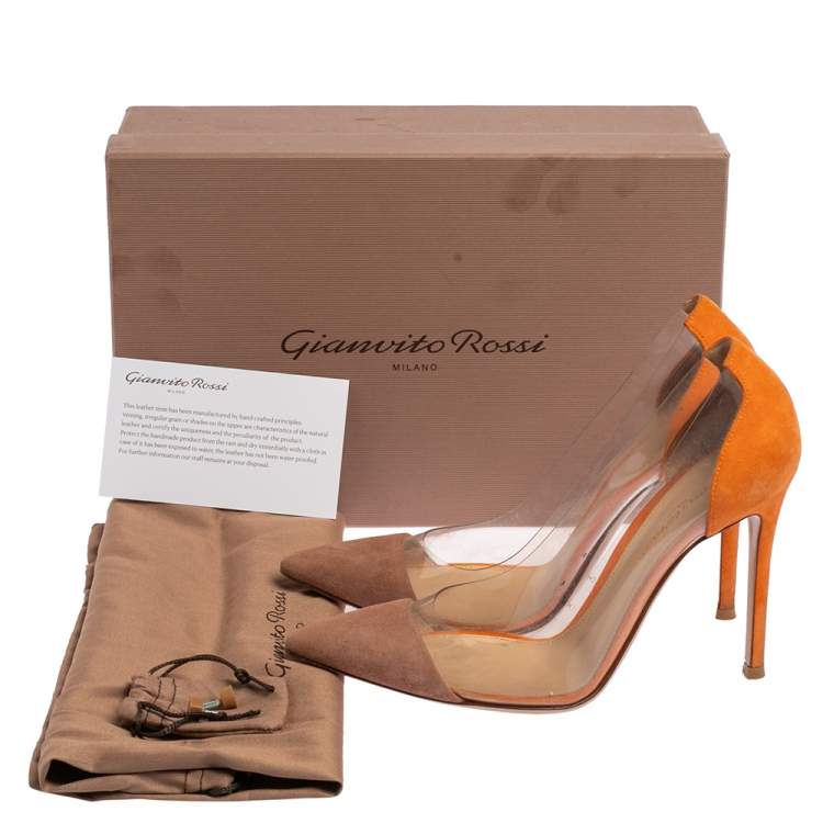 Pre Owned Gianvito Rossi Orange/Beige Suede And PVC Plexi Pumps Size 38