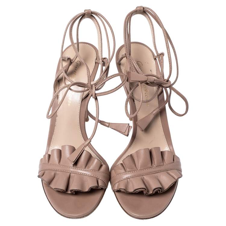 Pre Owned Gianvito Rossi Beige Leather Ruffled Ankle Wrap Sandals Size 36