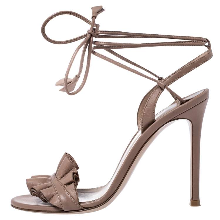 Pre Owned Gianvito Rossi Beige Leather Ruffled Ankle Wrap Sandals Size 36