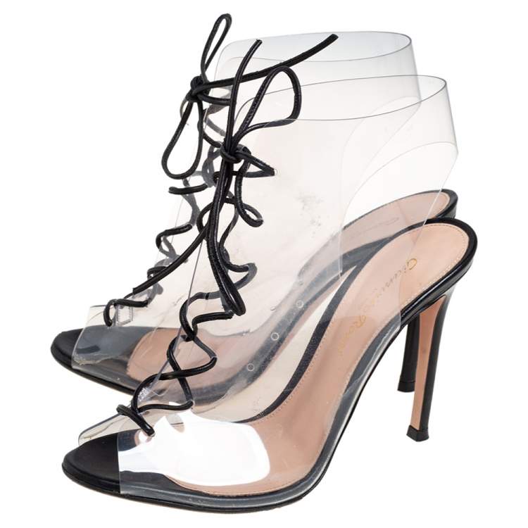 Pre Owned Gianvito Rossi Black PVC And Leather Helmut Lace Up Booties Size 36.5