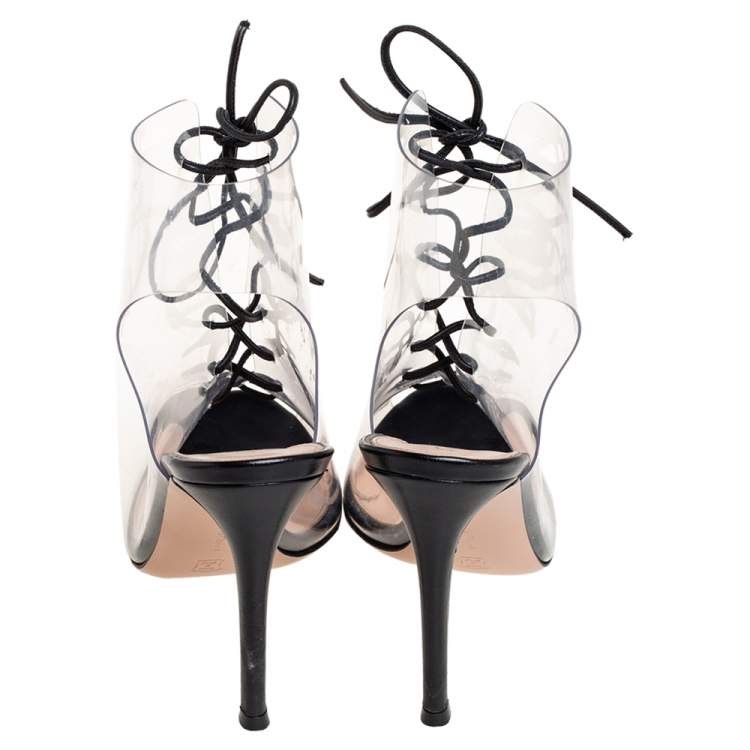 Pre Owned Gianvito Rossi Black PVC And Leather Helmut Lace Up Booties Size 36.5