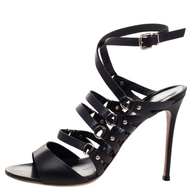 Pre Owned Gianvito Rossi Black Leather Strappy Ankle Wrap Sandals Size 40