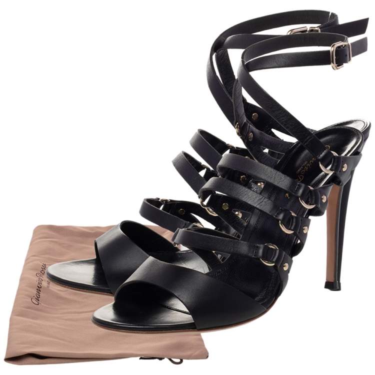 Pre Owned Gianvito Rossi Black Leather Strappy Ankle Wrap Sandals Size 40