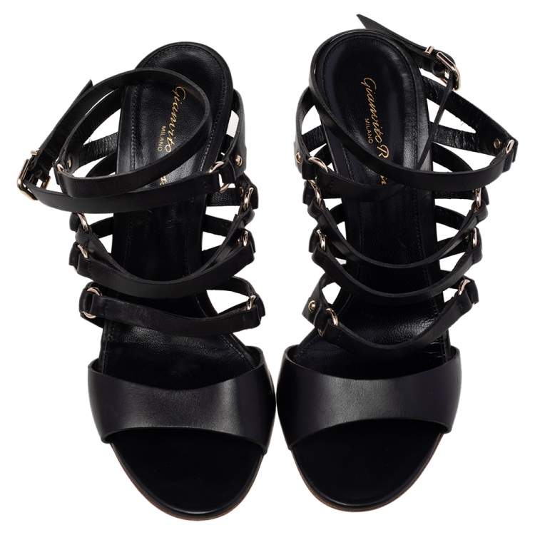 Pre Owned Gianvito Rossi Black Leather Strappy Ankle Wrap Sandals Size 40