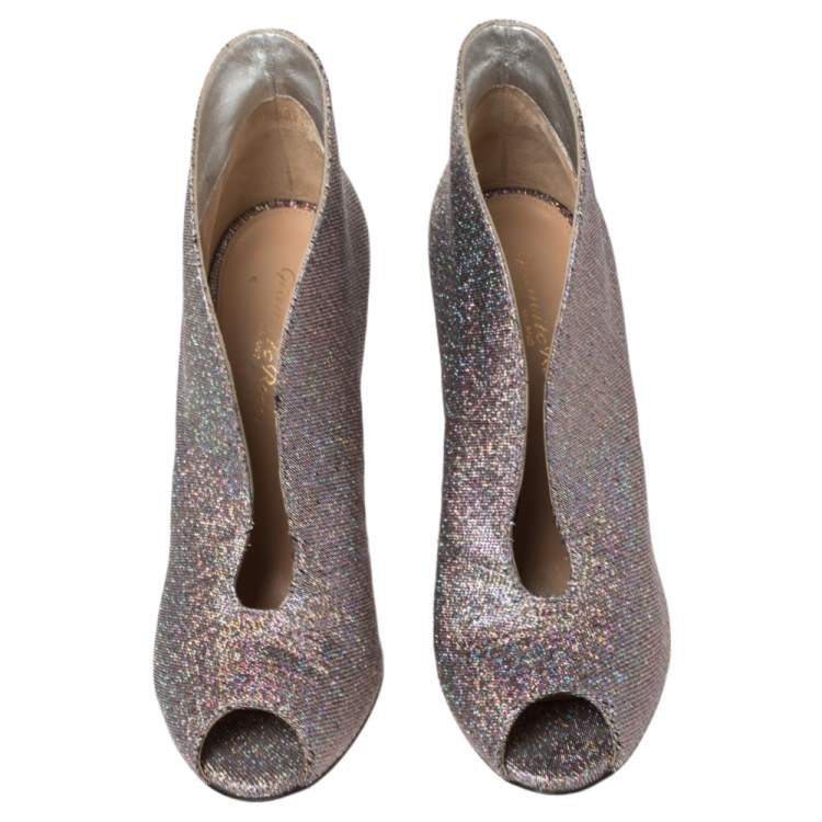Pre Owned Gianvito Rossi Multicolor Metallic Foil Vamp Peep Toe Booties Size 37