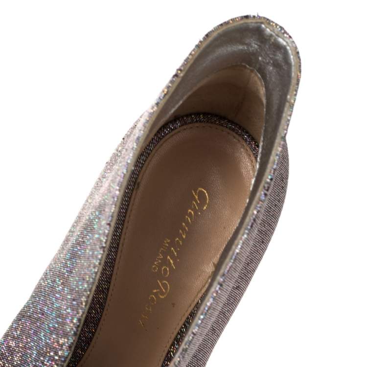 Pre Owned Gianvito Rossi Multicolor Metallic Foil Vamp Peep Toe Booties Size 37