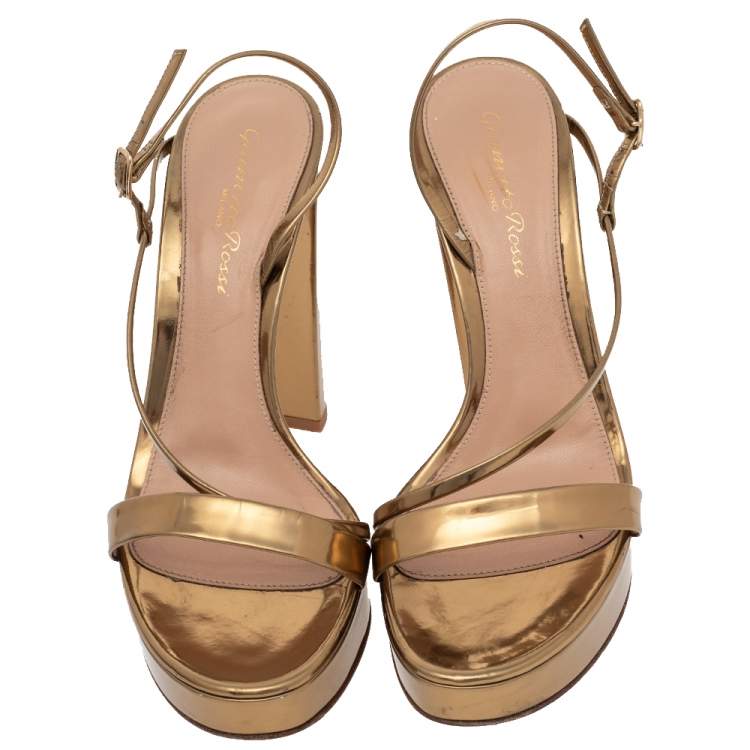 Pre Owned Gianvito Rossi Metallic Gold Leather Platform Ankle Strap Sandals Size 37