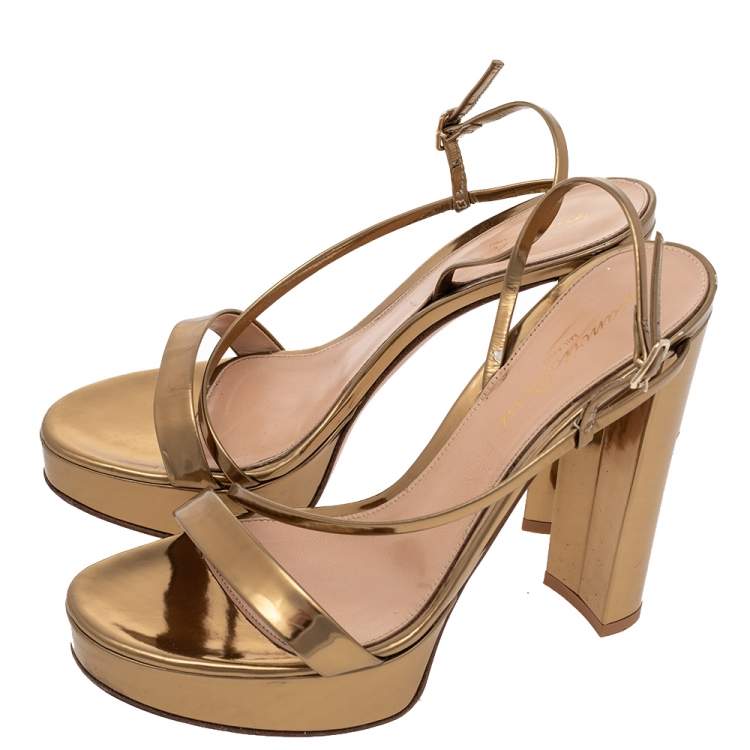 Pre Owned Gianvito Rossi Metallic Gold Leather Platform Ankle Strap Sandals Size 37