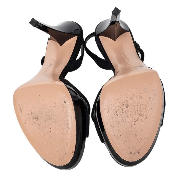 Pre Owned Gianvito Rossi Black Suede And Satin Flower Embellished Slingback Sandals Size 38