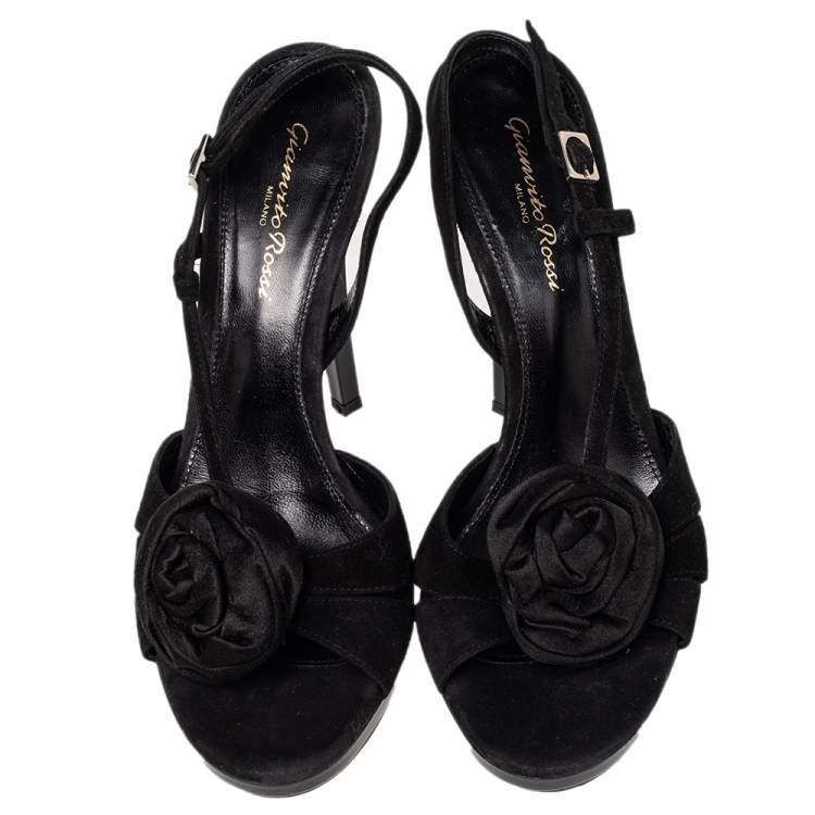 Pre Owned Gianvito Rossi Black Suede And Satin Flower Embellished Slingback Sandals Size 38