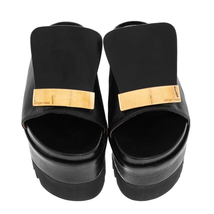 Pre Owned Sergio Rossi Black Leather SR1 Slide Platform Sandals Size 38