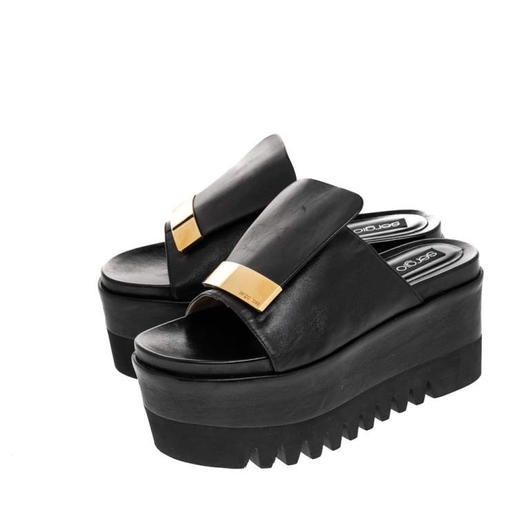 Pre Owned Sergio Rossi Black Leather SR1 Slide Platform Sandals Size 38