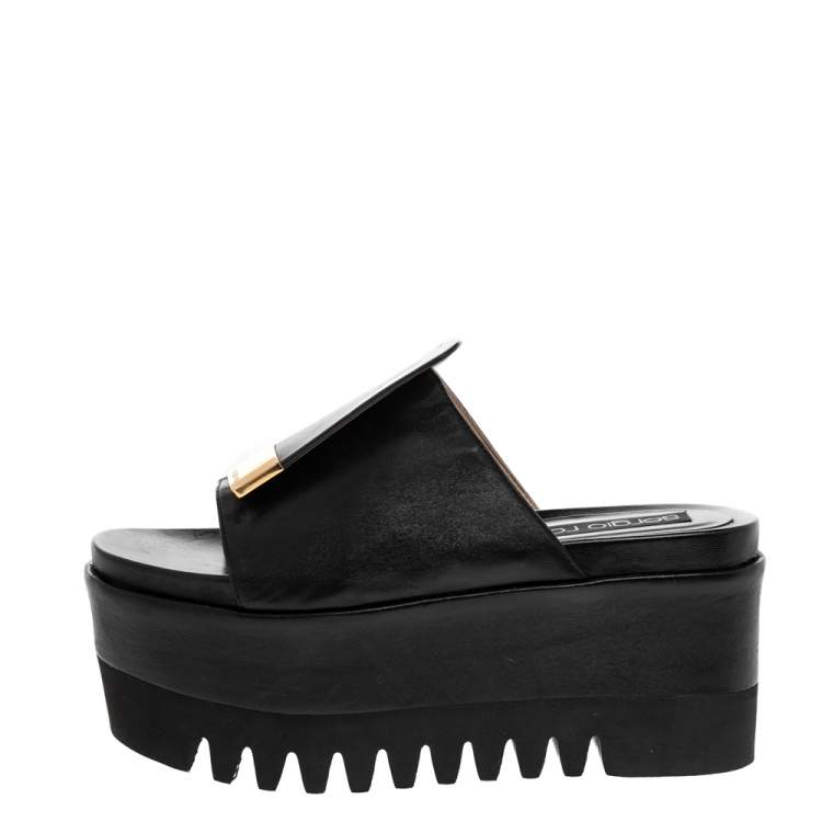 Pre Owned Sergio Rossi Black Leather SR1 Slide Platform Sandals Size 38