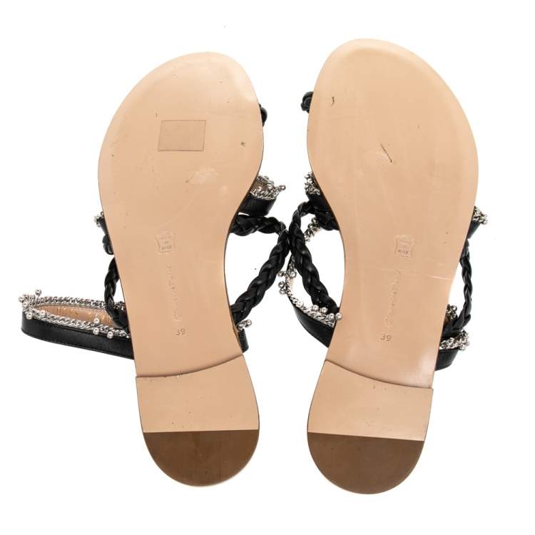 Pre Owned Gianvito Rossi Black Leather Embellished Strappy Flat Slide Sandals Size 39