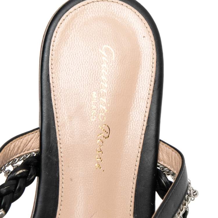 Pre Owned Gianvito Rossi Black Leather Embellished Strappy Flat Slide Sandals Size 39