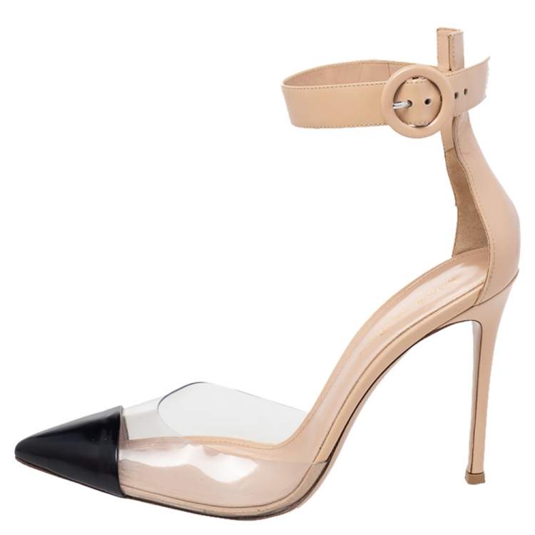 Pre Owned Gianvito Rossi Black/Beige Leather And PVC Pointed Toe Ankle Cuff Pumps Size 39.5