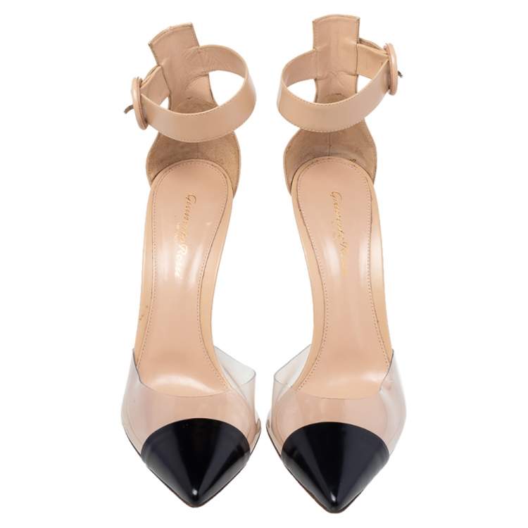Pre Owned Gianvito Rossi Black/Beige Leather And PVC Pointed Toe Ankle Cuff Pumps Size 39.5