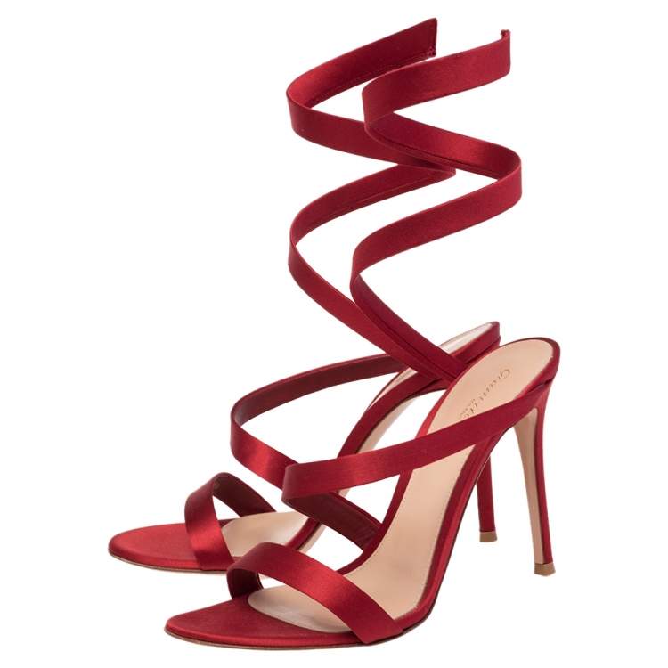 Pre Owned Gianvito Rossi Red Satin Opera Twirl Ankle Wrap Sandals Size 38.5