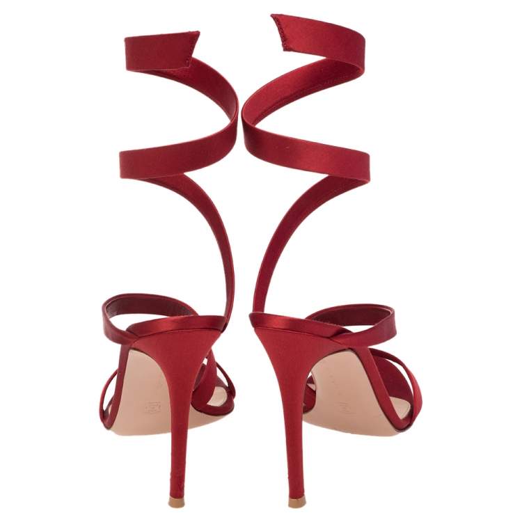Pre Owned Gianvito Rossi Red Satin Opera Twirl Ankle Wrap Sandals Size 38.5