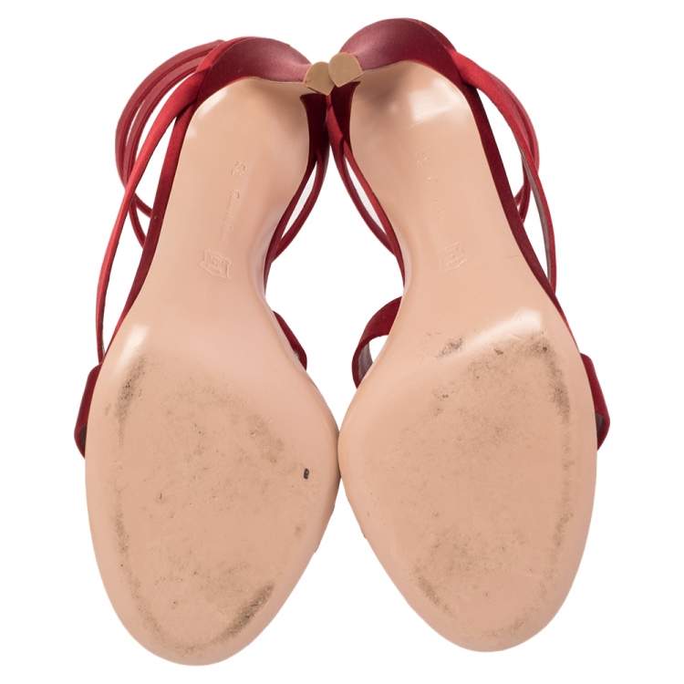 Pre Owned Gianvito Rossi Red Satin Opera Twirl Ankle Wrap Sandals Size 38.5