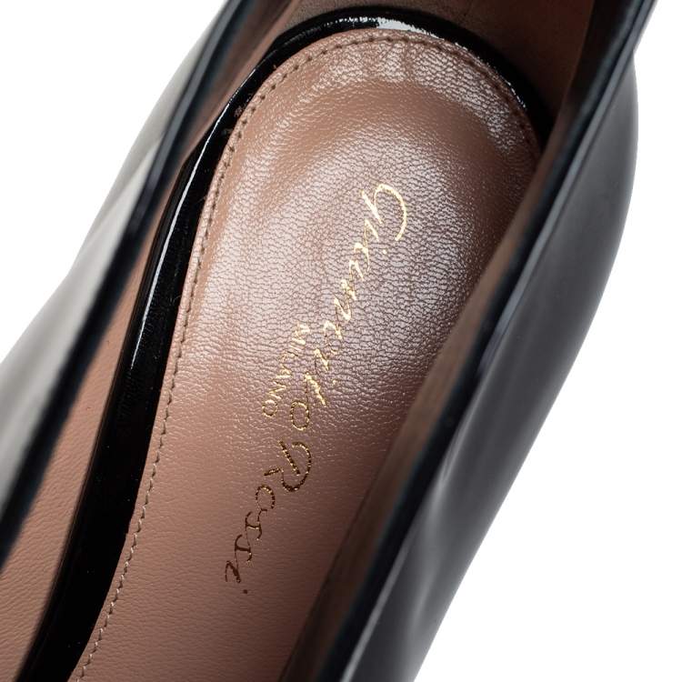 Pre Owned Gianvito Rossi Black Patent Leather Vamp Peep Toe Booties Size 37.5