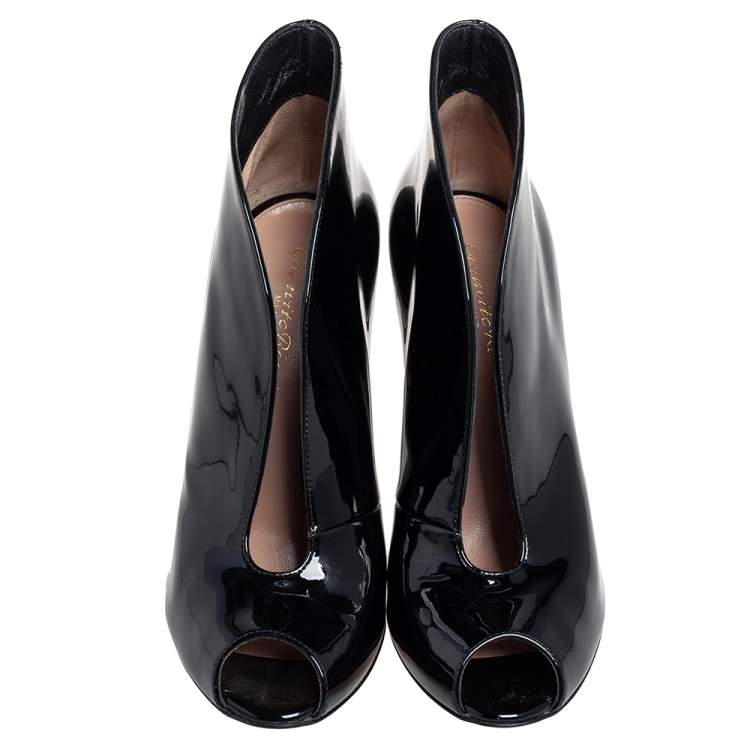Pre Owned Gianvito Rossi Black Patent Leather Vamp Peep Toe Booties Size 37.5