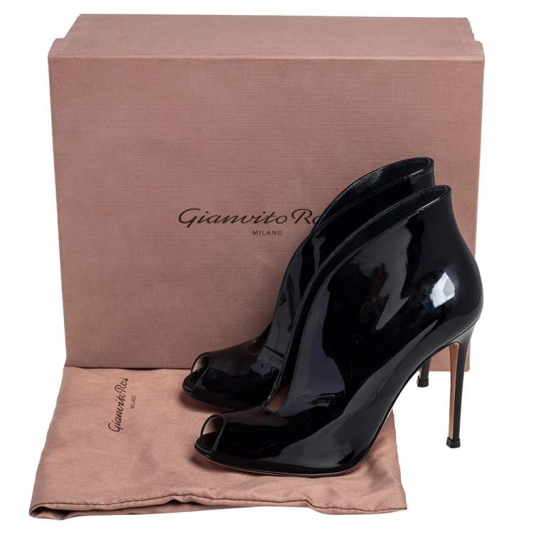 Pre Owned Gianvito Rossi Black Patent Leather Vamp Peep Toe Booties Size 37.5