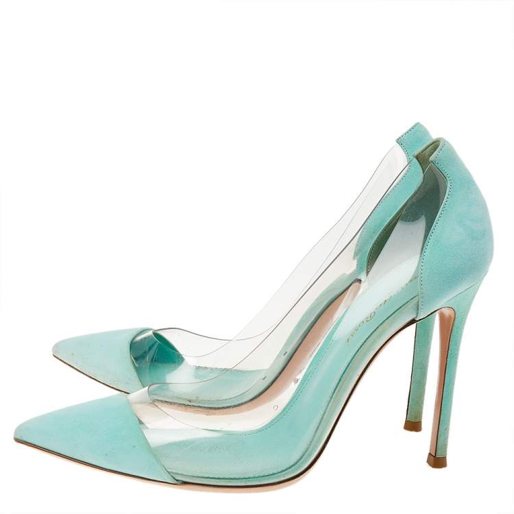 Pre Owned Gianvito Rossi Mint Green Suede And PVC Plexi Pointed Toe Pumps Size 38.5