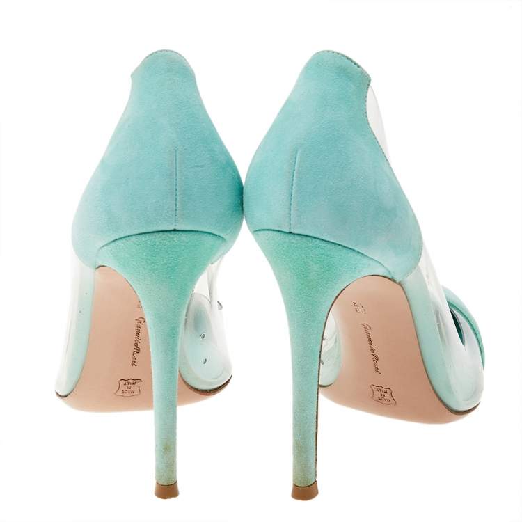 Pre Owned Gianvito Rossi Mint Green Suede And PVC Plexi Pointed Toe Pumps Size 38.5