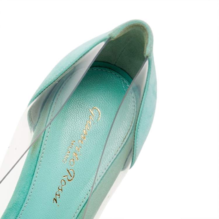 Pre Owned Gianvito Rossi Mint Green Suede And PVC Plexi Pointed Toe Pumps Size 38.5