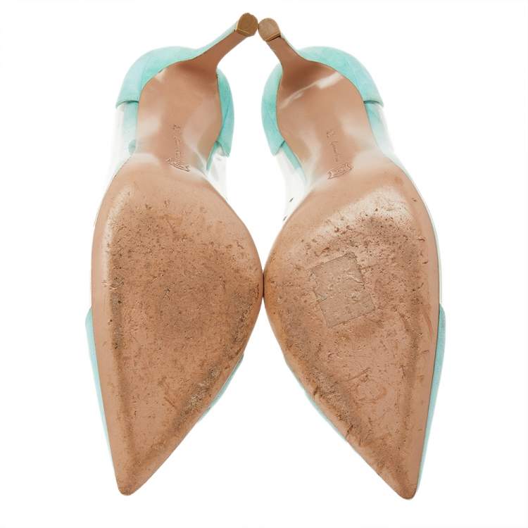 Pre Owned Gianvito Rossi Mint Green Suede And PVC Plexi Pointed Toe Pumps Size 38.5