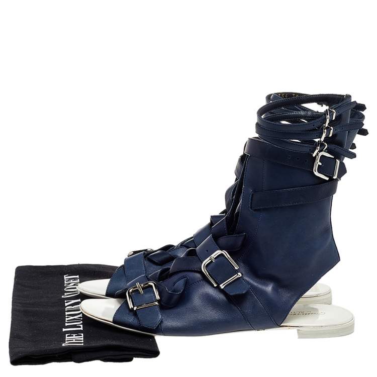 Pre Owned Gianvito Rossi Blue Leather Buckle Gladiator Ankle Length Flat Sandals Size 38