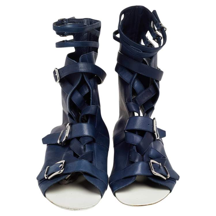 Pre Owned Gianvito Rossi Blue Leather Buckle Gladiator Ankle Length Flat Sandals Size 38
