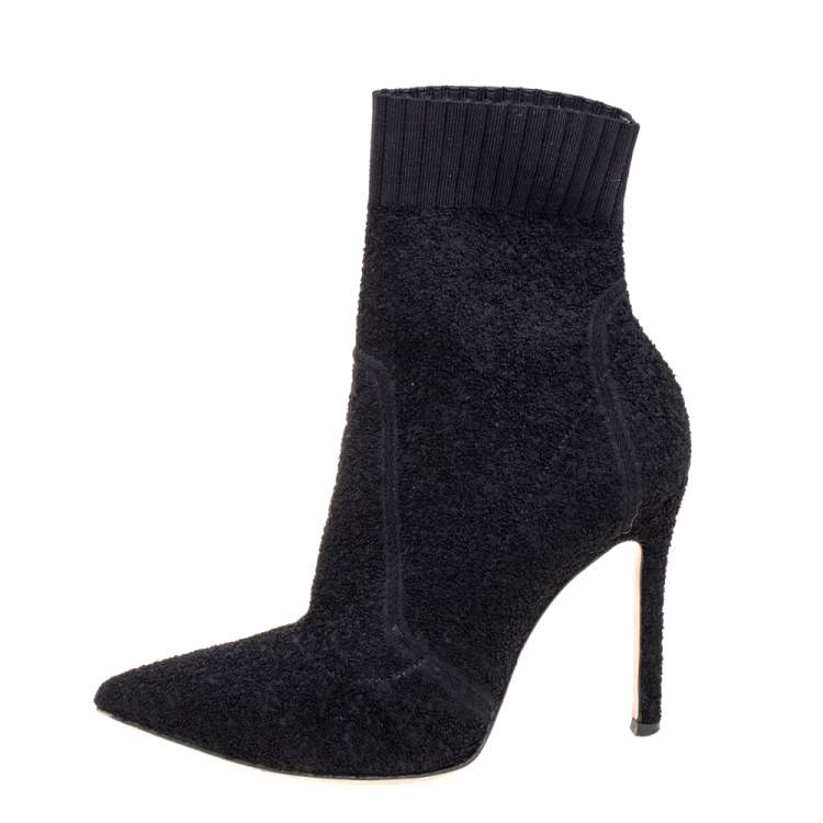 Pre Owned Gianvito Rossi Black Stretch  Fabric Bouclé Katie Ankle Boots Size 37.5