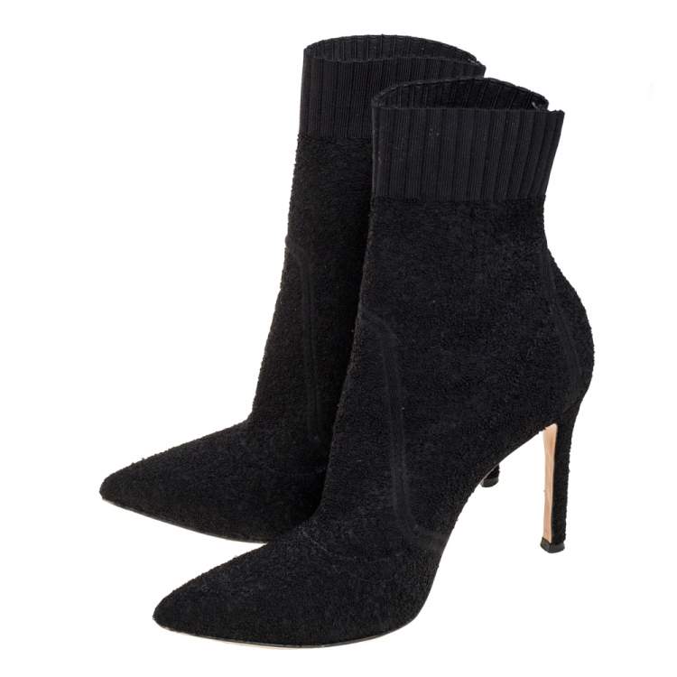Pre Owned Gianvito Rossi Black Stretch  Fabric Bouclé Katie Ankle Boots Size 37.5