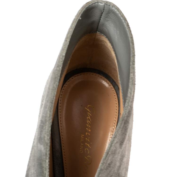 Pre Owned Gianvito Rossi Grey Suede Vamp Peep Toe Booties Size 37