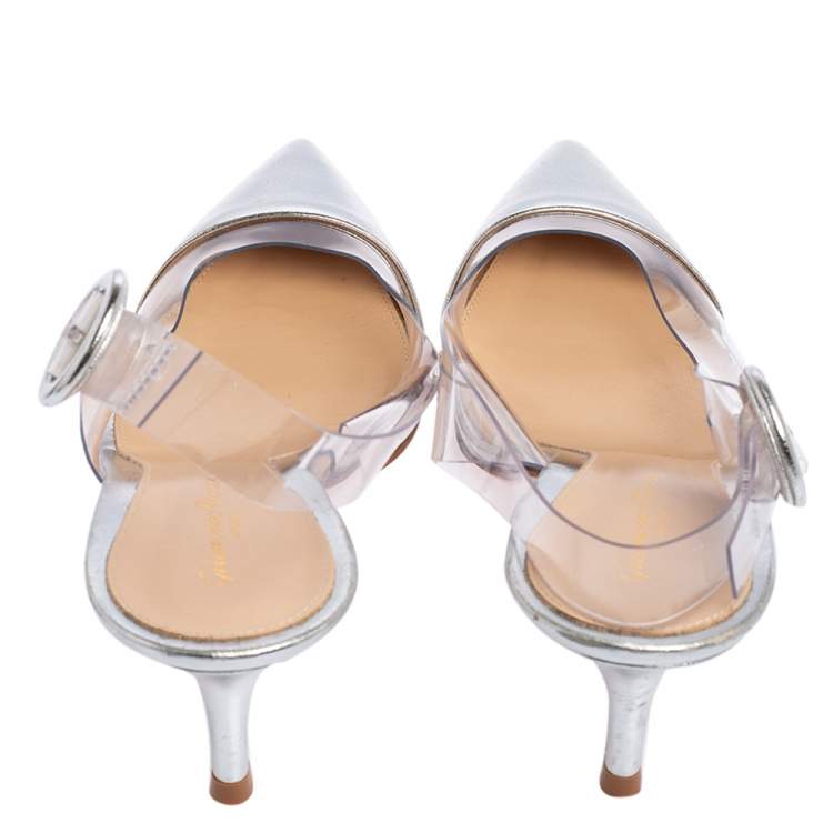 Pre Owned Gianvito Rossi Silver Leather, PVC Plexi  Slingback Pumps Size 39.5